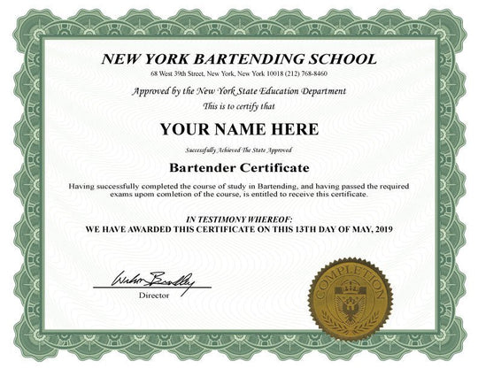 Hey Congrats! bartending certificate displayed on a wooden surface with a cocktail shaker and glasses in the background.