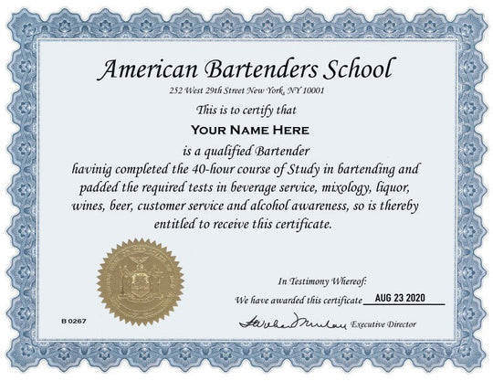 Hey Congrats! bartending certificate showcasing elegant design and professional layout with a name placeholder.
